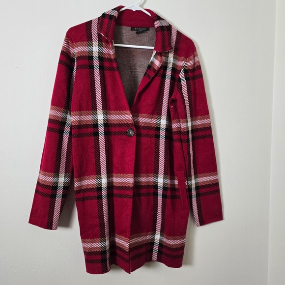 Tahari Shacket Jacket Cardigan Sweater Plaid Womens Small Red Black - Picture 1 of 6